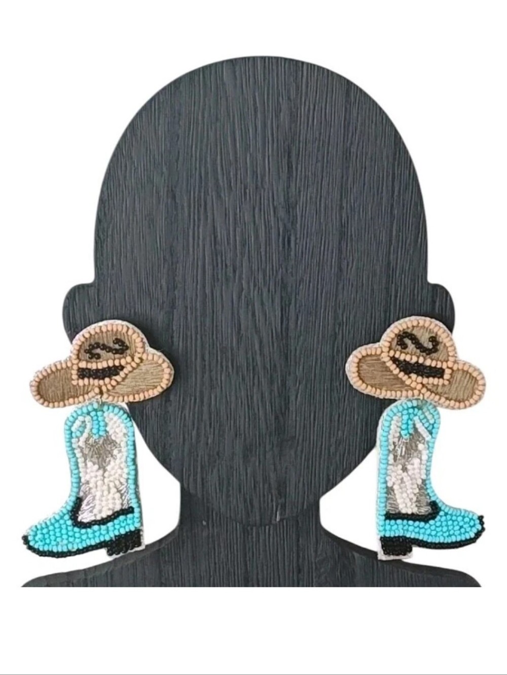 Kay Lee Dangle Earrings Equestrian Western Cowboy Hat Boots Handmade Seed Beads